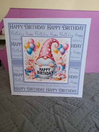 Happy Birthday Tea Cup Gnomes 2 Card Fronts 6x6 by Christine Garner