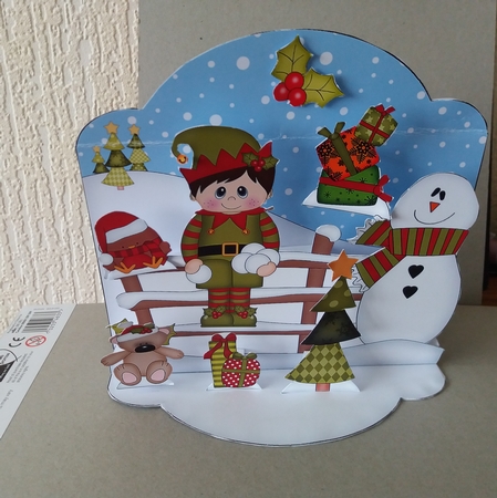 3D Christmas Pop Up Front Card Kit Little Elf has a snowball fight with Bobbin Robin  by Christine Garner