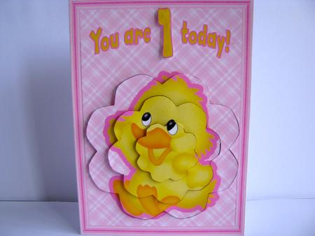 Quackie Duck Age Card Front with Petal Pyramage in Pink by Christine Pagan