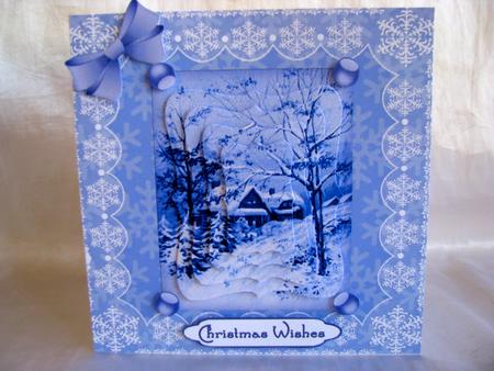 Blue Christmas 'n Lace Bracket Pyramid Square Card Front by Christine Pagan