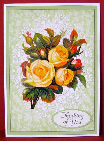 Apricot Roses on Lace & Green Brocade - Card Front by Christine Pagan