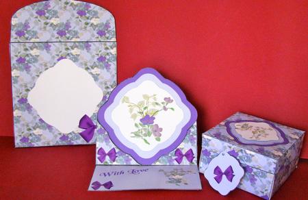 Purple Flowers Easel, Tag, Envelope & Gift Box by Christine Pagan
