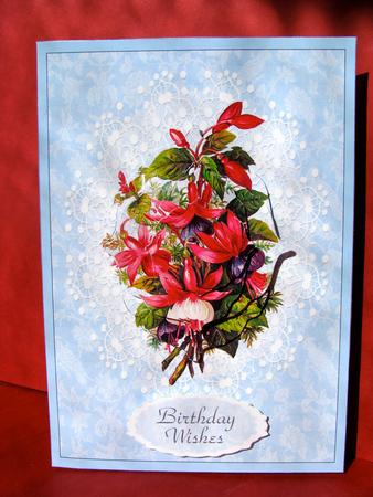 Fuschia on Lace & Blue Brocade - Card Front with Pyramage by Christine Pagan