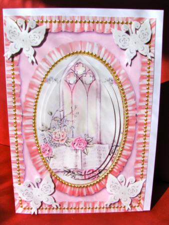 Church Window Lace Butterfly Ruffle Card Front by Christine Pagan