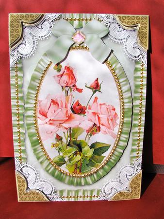 Pink Green Roses Lace N Ruffles Card Front Step by Step by Christine Pagan