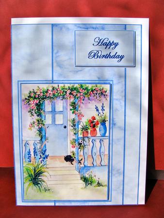 Cat on a Blue Porch Decoupage Card with Sentiments by Christine Pagan