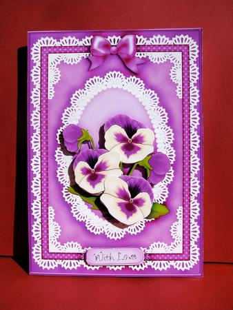 A5 Pansy, Lace and Pearls Quick Card with 3D Decoupage by Christine Pagan