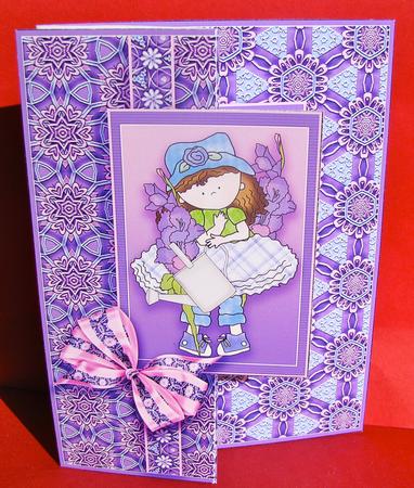 Girl with Purple Flowers Fold Back Birthday Card by Christine Pagan