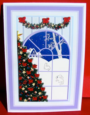 Christmas Bunnies Through Window Quick Card by Christine Pagan