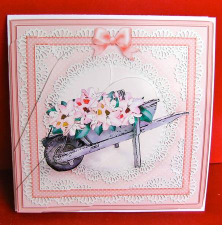 Flower Filled Wheelbarrow Quick Card with Fan Pyramage by Christine Pagan
