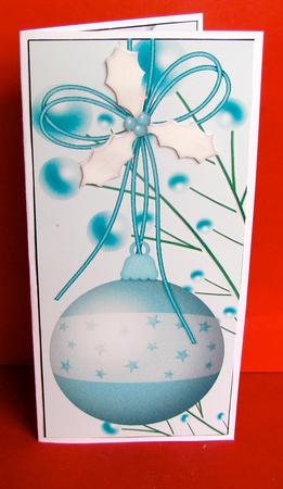 Teal Christmas Bauble with Holly Dl Card Front and Insert by Christine Pagan