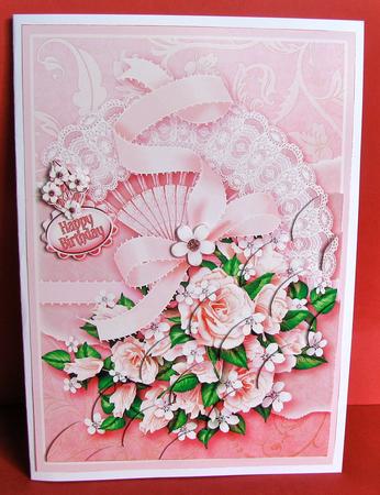 Pink Roses on a Lace Fan Scalloped Corner Stacker by Christine Pagan