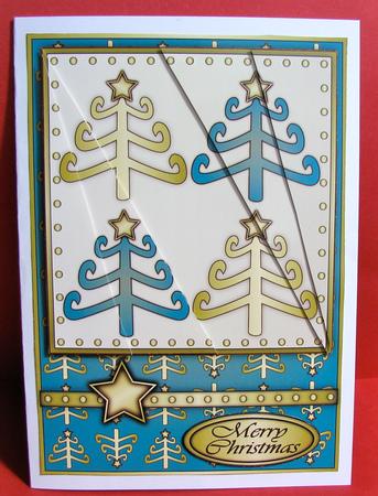 Funky Christmas Trees Card Front Blue by Christine Pagan