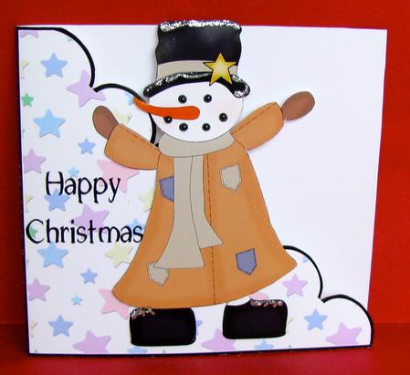 Snowman in Brown Coat Cut and Fold Card by Christine Pagan