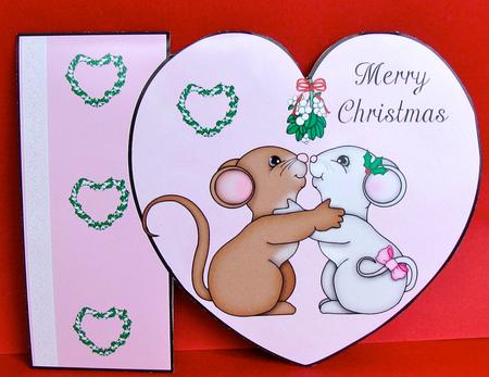 Mistletoe Mice Heart Cutout Card by Christine Pagan