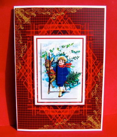 Christmas Vintage Boy and Reindeer Card Front with Pyramage by Christine Pagan