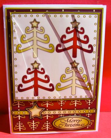 Funky Christmas Trees Card Front Burgundy by Christine Pagan