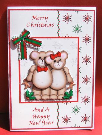 Teddy Couple Christmas Decoupage Card Front by Christine Pagan