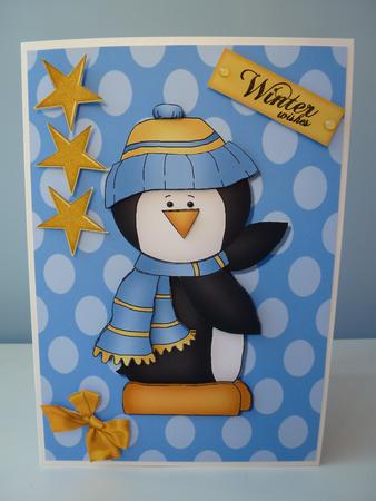 Cute Blue & Yellow Snowman on Blue Polka Dot Paper by Christine Simmonds