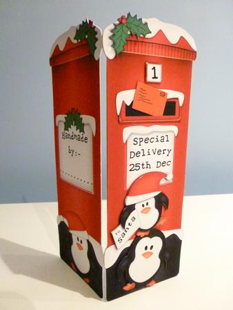 Xmas Penguins Postbox Shaped Card N 3D Decoupage by Christine Simmonds