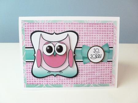 Cute Owl Sorry Decoupage Card Front - Pink & Teal by Christine Simmonds