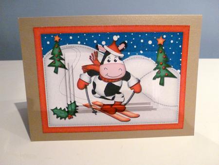 A5 Xmas Skiing Milly Moo Cow Pyramage Topper by Christine Simmonds