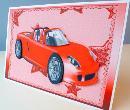 Red Shiny Car on Pretty Red Star Backing Paper by Christine Simmonds
