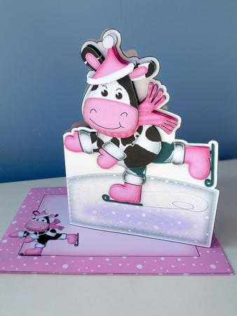 3D Xmas Skating Milly Moo Cow Shaped Card with Decoupage by Christine Simmonds
