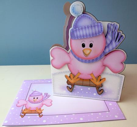3D Xmas Sledging Little Birdie Shaped Card with Decoupage by Christine Simmonds