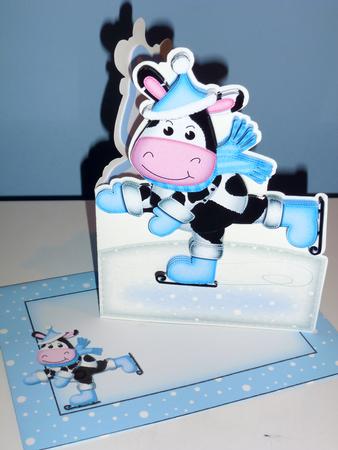 3D Xmas Skating Milly Moo Cow Shaped Card with Decoupage by Christine Simmonds
