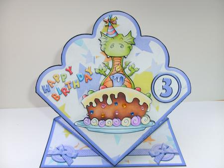 Dragon with Birthday Cake Scallop Diamond Top Spring Card by Christine Sutton