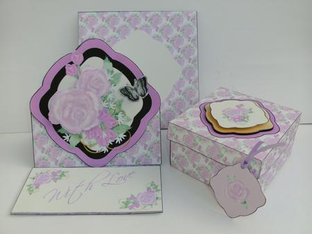 Lilac Roses Shaped Easel Card with Tag and Gift Box by Christine Sutton