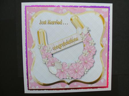 Just Married Pink & Cream Pretty Floral Horseshoe Card Front by Christine Sutton