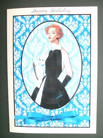 Vintage Fashion Lady on Damask Background Card Front by Christine Sutton