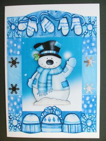 Snowman Christmas Card Front with Decoupage by Christine Sutton