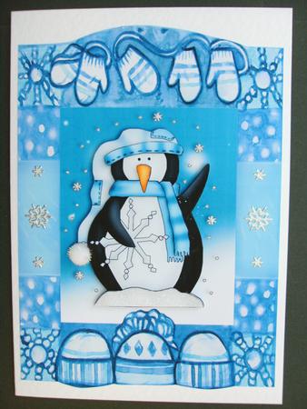 Penguin Christmas Card Front with Decoupage by Christine Sutton