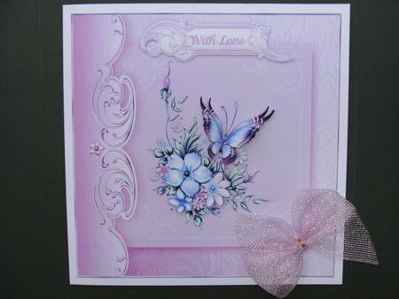 Butterfly and Blooms in Pink Square Card Front and Decoupage by Christine Sutton