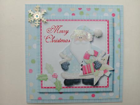 Merry Christmas Santa in Blue Square Card Front + Decoupage by Christine Sutton