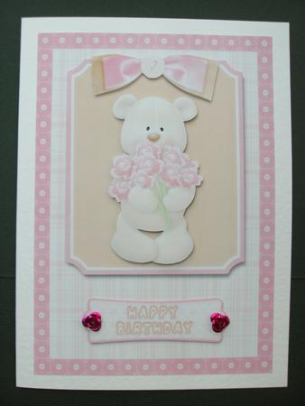 Bear with Flowers Birthday Card Front Pink by Christine Sutton