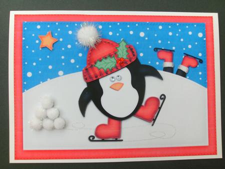 A5 Xmas Skating Penguin Quick Card N 3D Decoupage by Christine Sutton