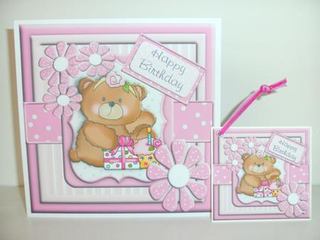 Cute Teddy Bear Pink Square Layer Card Topper by Christine Sutton