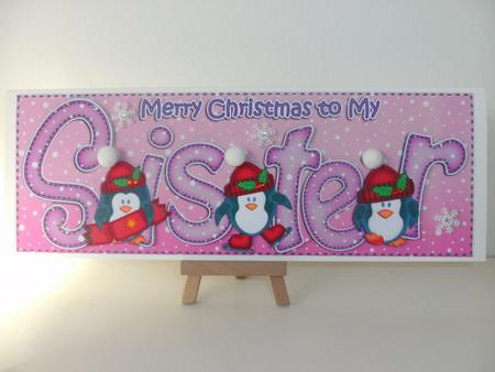 Large Dl Xmas Sister with Penguins Quick Card 3D Decoupage by Christine Sutton
