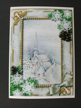 Blue Church Snow 7x5inch Picture Card Front and Frame by Christine Sutton