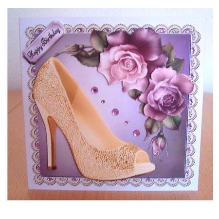 Beautiful Cream Shoe With Purple Roses 7x7 by Christine Todd