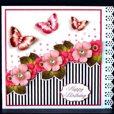 Vintage stripes flowers and butterflies pink 1075 by Christine Todd