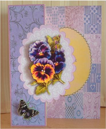 Patchwork Pansies - Foldback Card with Decoupage by Christine Todd