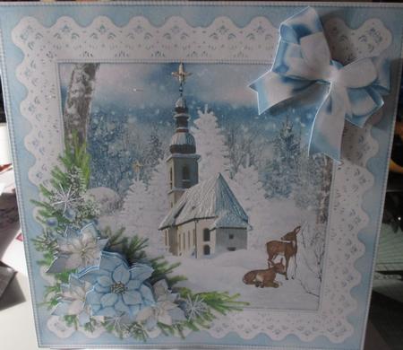 8x8 Ice Blue Snowy Church Scene by Christine Wellard