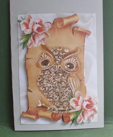 Gold Diamond Owl on Scroll with Peach Flowers A4 by Christine Young