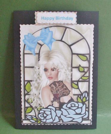 Pretty Lady with Pale Blue Roses in Window Frame A4 by Christine Young