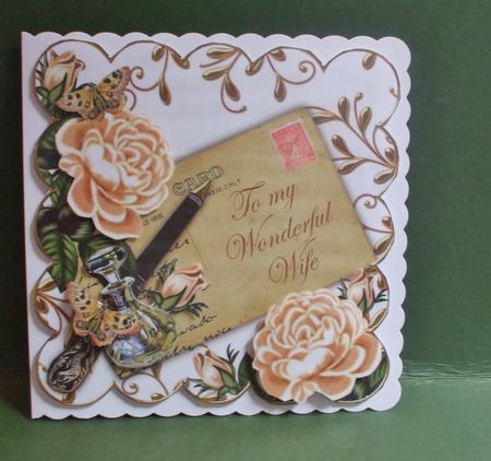 Peach Roses Wonderful Wife Ink Saver 8in Decoupage Topper by Christine Young
